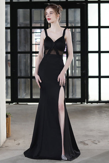 Black Straps Sheer Slit Mermaid Long Formal Dress